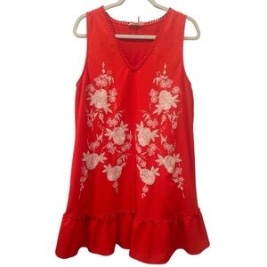 Entro Red Dress White Floral Embroidery Coquette Sleeveless Sz L